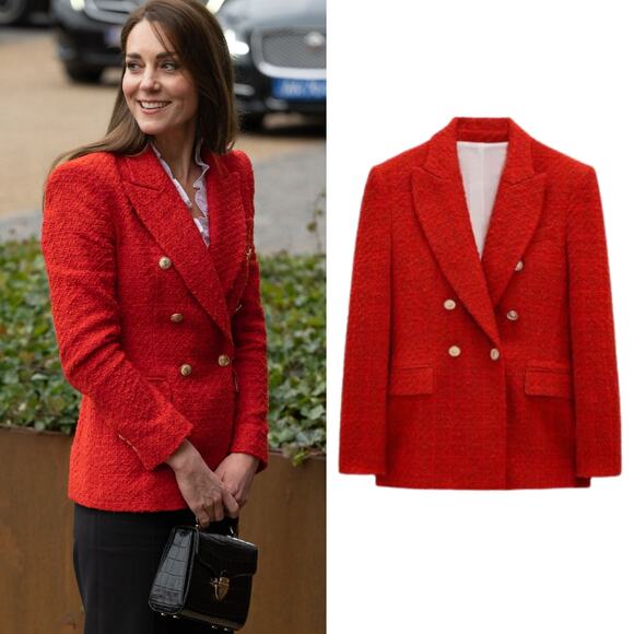 Zara Blazer Tweed Red Textured Double Breasted Kate Middleton